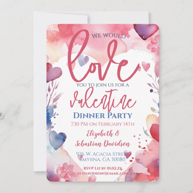 Invitation Saint Valentin Aquarelle Diner (Devant)