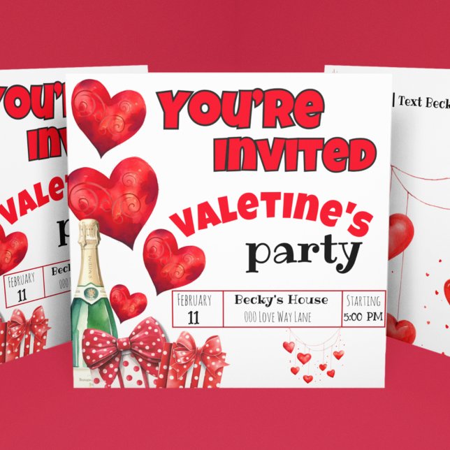 Invitation Saint Valentin au coeur rouge et champagne Pois (Bold and fun red hearts and polka dots on a Valentine's Day Party customizable invitation. )