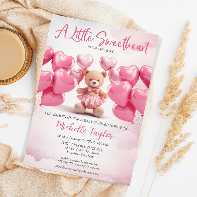 Invitation Saint Valentin baby shower mignon ours amour (valentine's teddy bear heart balloons)
