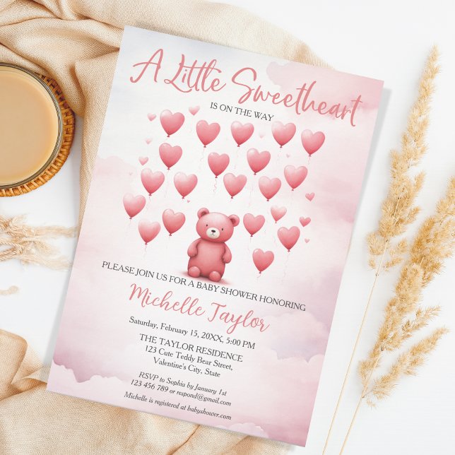 Invitation Saint Valentin baby shower mignon ours amour (pink teddy bear with heart balloons)