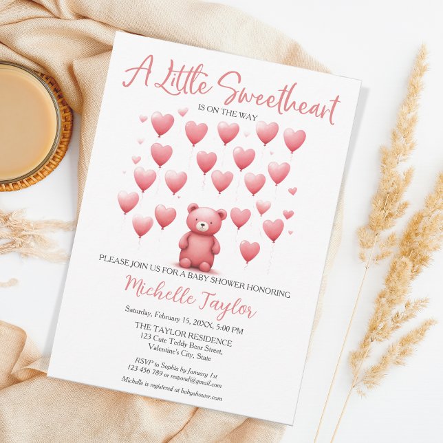 Invitation Saint Valentin baby shower mignon ours amour (pink teddy bear with heart balloons)