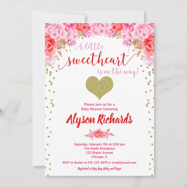 Invitation Saint Valentin coeur rose rouge baby shower (Devant)