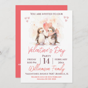 Invitation Saint Valentin de mignons pingouins et fête du coe