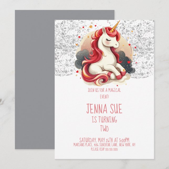 Invitation Saint-Valentin Licorne Rose Gris Paillettes Fête (Devant / Derrière)