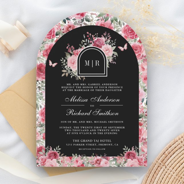 Invitation Saint-Valentin Roses Roses Papillon Mariage Noir (Créateur téléchargé)