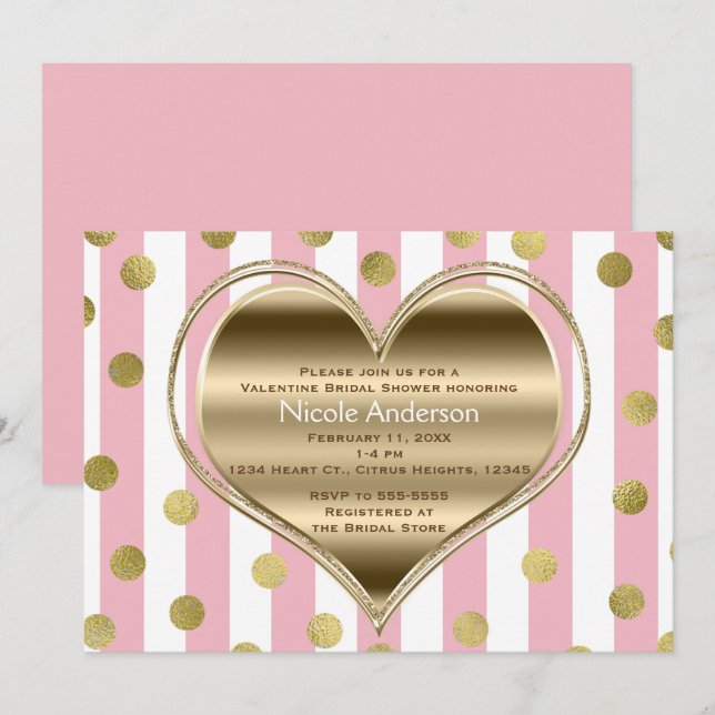 Invitation Saint-Valentin Silver Heart Rose & White Stripes (Devant / Derrière)