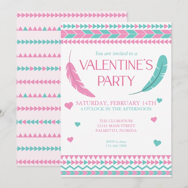 Invitation Saint Valentin Tribal rose Turquoise Feathers Part (Devant / Derrière)