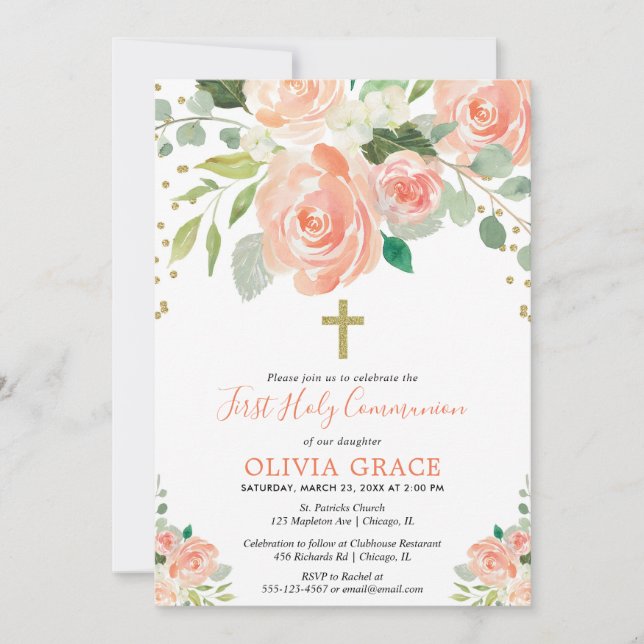Invitation Sainte communion d'aquarelles florales d'or de (Devant)