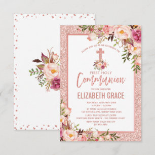 Invitation Sainte communion florale de fille d'or rose