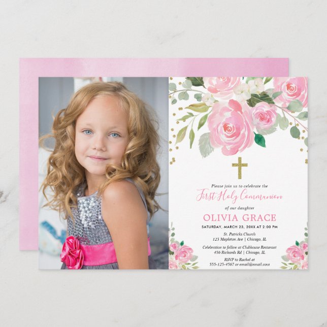 Invitation Sainte communion florale de fille la première (Devant / Derrière)