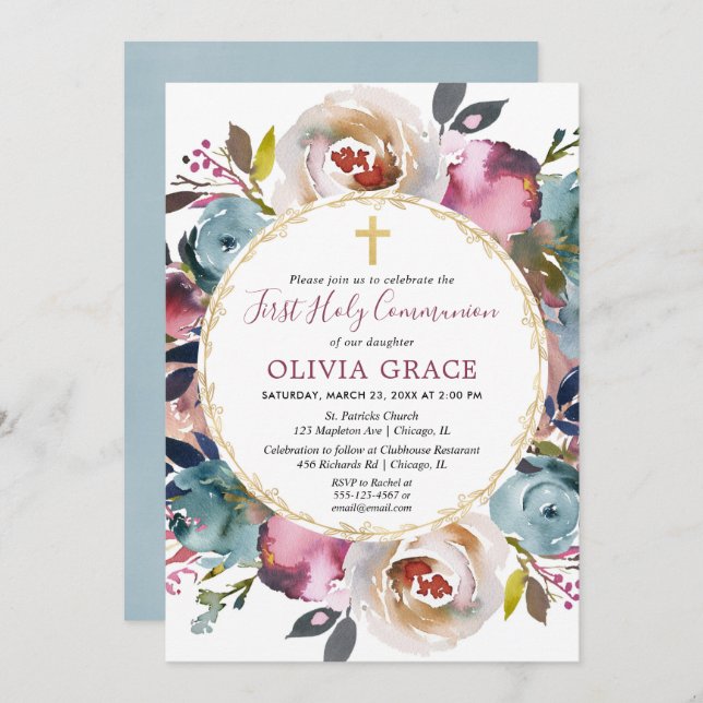 Invitation Sainte communion merlot de Bourgogne de bleu (Devant / Derrière)