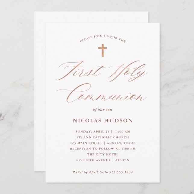 Invitation Sainte communion rose de la calligraphie | d'or de (Devant / Derrière)