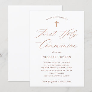 Invitation Sainte communion rose de la calligraphie   d'or de
