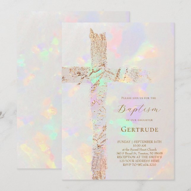 Invitation sainte croix motif opale baptême (Devant / Derrière)