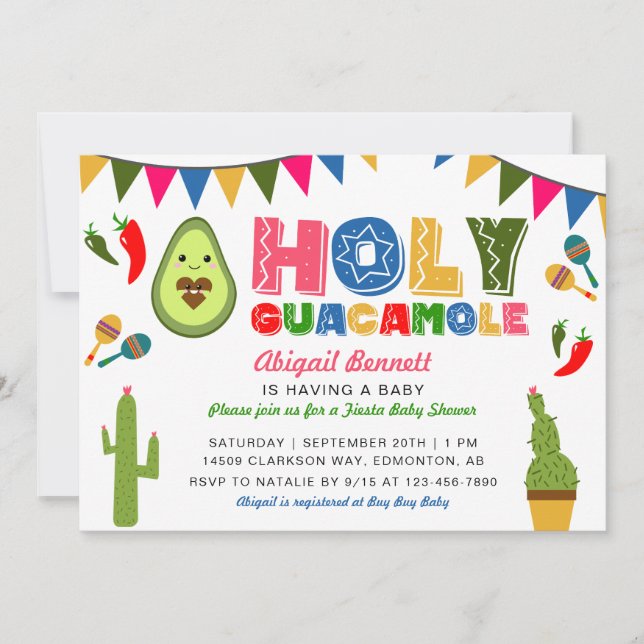 Invitation Sainte Guacamole Fiesta Baby shower Kawaii Avocado (Devant)