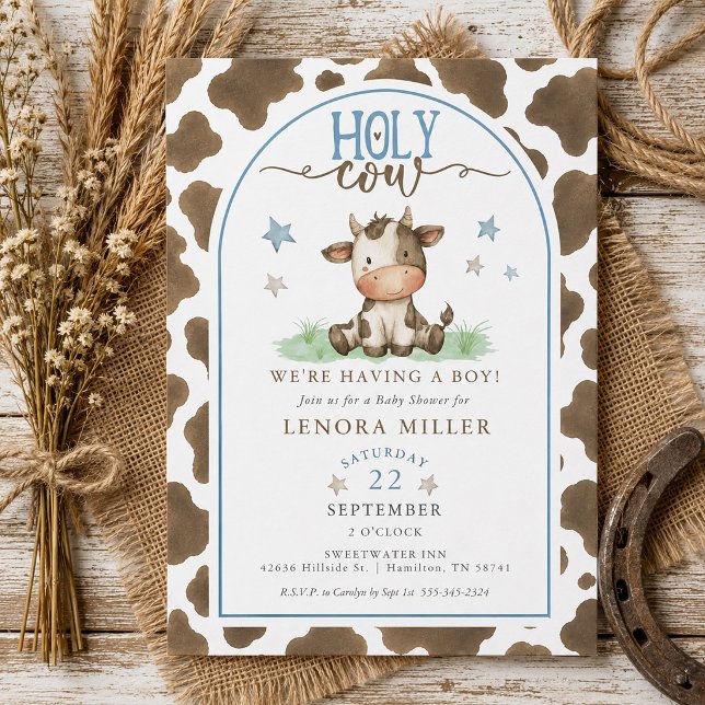 Invitation Sainte Vache Aquarelle Impression Marron Vache Fêt (Holy Cow Watercolor Brown Cow Print Baby Shower Invitation )