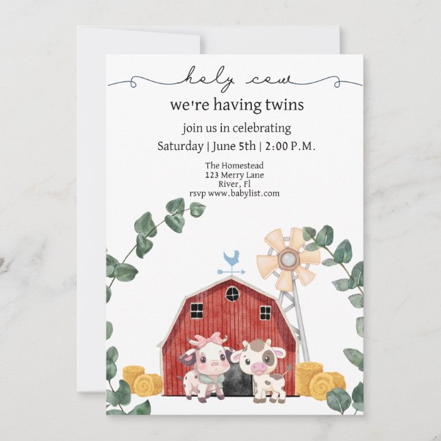 Invitation Sainte vache, nous avons des baby showers jumeaux (Devant)