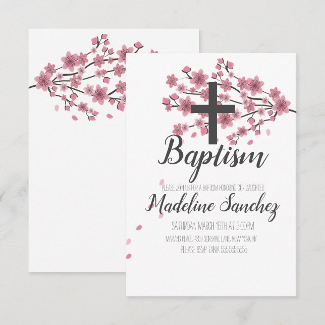 Invitation Sakura Cerisier Rose Baptême Christening (Devant / Derrière)