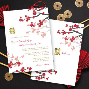 Invitation Sakura Rouge Or Double Bonheur 囍 Mariage Chinois