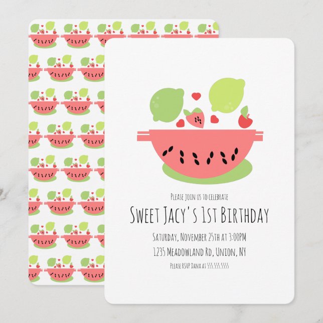 Invitation Salade de fruits d'anniversaire pastèque mignonne (Devant / Derrière)