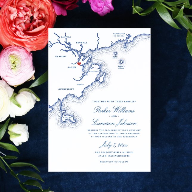 Invitation Salem MA North Shore Map Élégant Mariage de la mar (Salem MA Map Wedding invitation in elegant navy blue for a Peabody Essex Museum wedding)