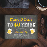 Invitation Salers et bières Jalon Anniversaire Fête Invitatio<br><div class="desc">Célébrez son anniversaire d'étape avec ces invitations festives avec "cheers and beers to XX years" en lettres blanches et jaunes dorées sur un arrière - plan brossé en tableau noir orné de deux illustrations de tasse de bière. Personnalisez avec les détails de votre fête en dessous. Exemple illustré pour le...</div>