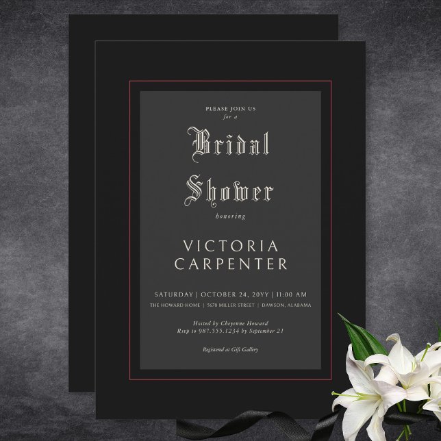 Invitation Salle de bain de mariage gothique minimal noir et  (Dark Gothic Minimal Black & Red Bridal Shower Invitation)