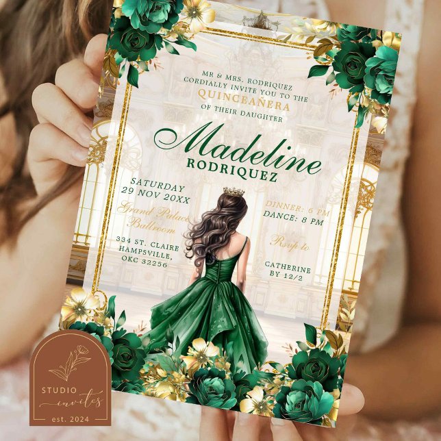 Invitation Salle de bal royale Emerald Green Quinceanera (Créateur téléchargé)