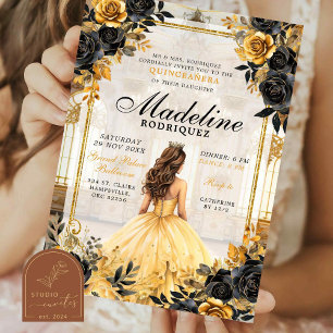Invitation Salle de bal royale Quinceanera noir et or
