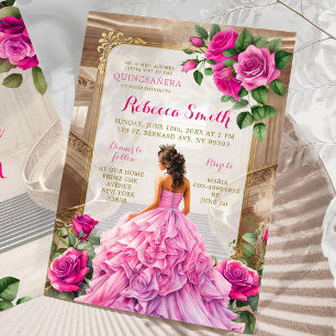 Invitation Salle de bal royale rose Fuschia Floral Quinceañer