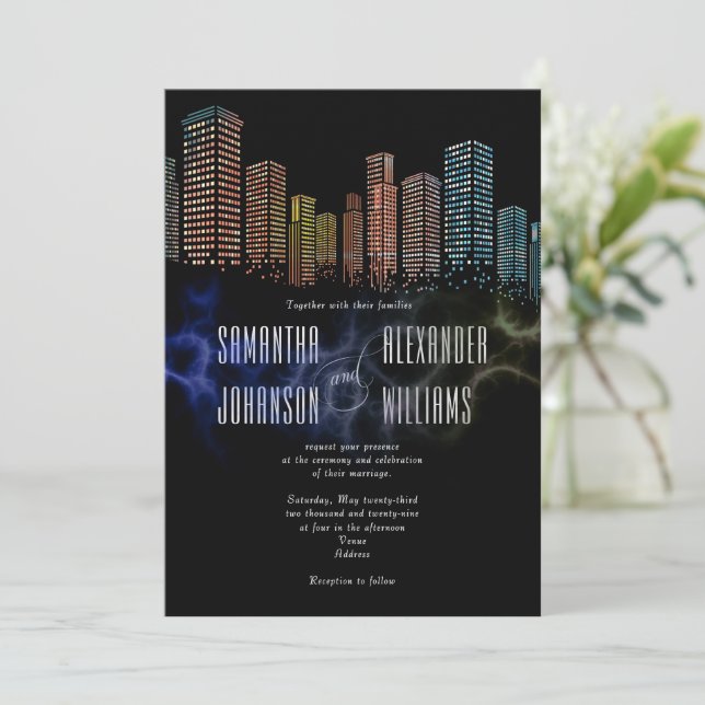 Invitation Salle de Mariage moderne Noir sur le toit (Debout devant)