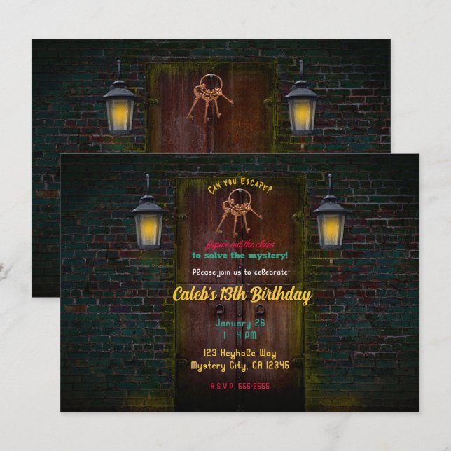Invitation Salle d'évasion de porte mystère pour anniversaire (Devant / Derrière)