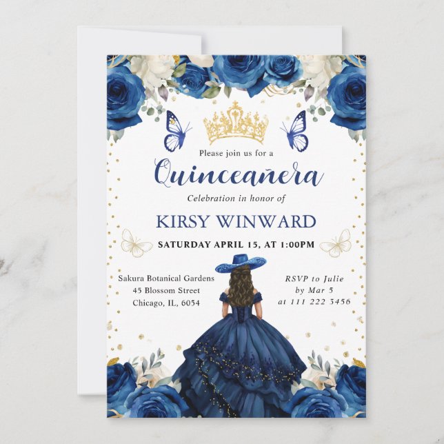 Invitation Salon Brunette Robe de Navy Princesse Quinceanera (Devant)