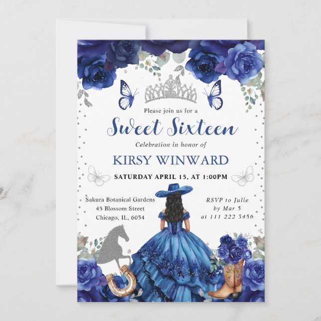 Invitation Salon de coiffure Princesse Robe bleue Cheveux noi (Devant)