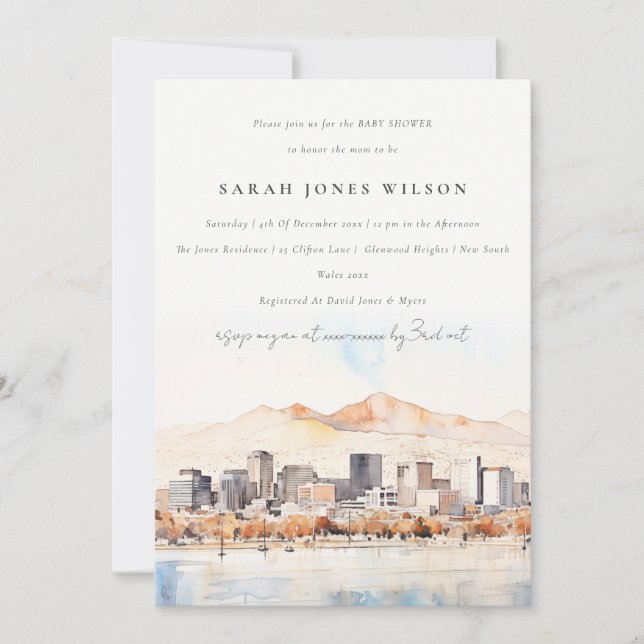 Invitation Salt Lake City Utah Watercolor Scape Baby Shower (Devant)