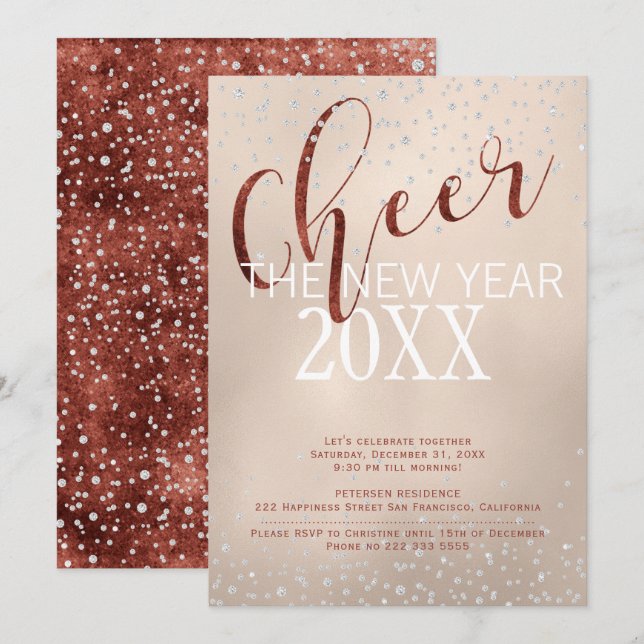 Invitation Saluez le New Year Gold Foil Diamonds Party (Devant / Derrière)