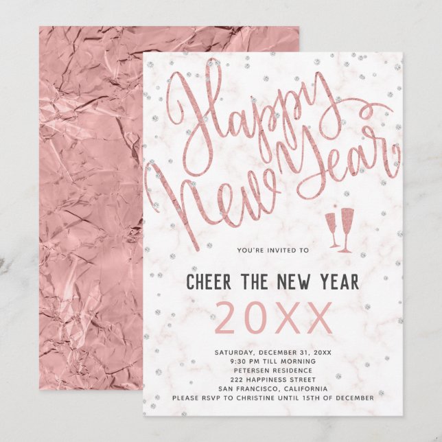 Invitation Saluez le New Year Rose Gold Marble Party (Devant / Derrière)