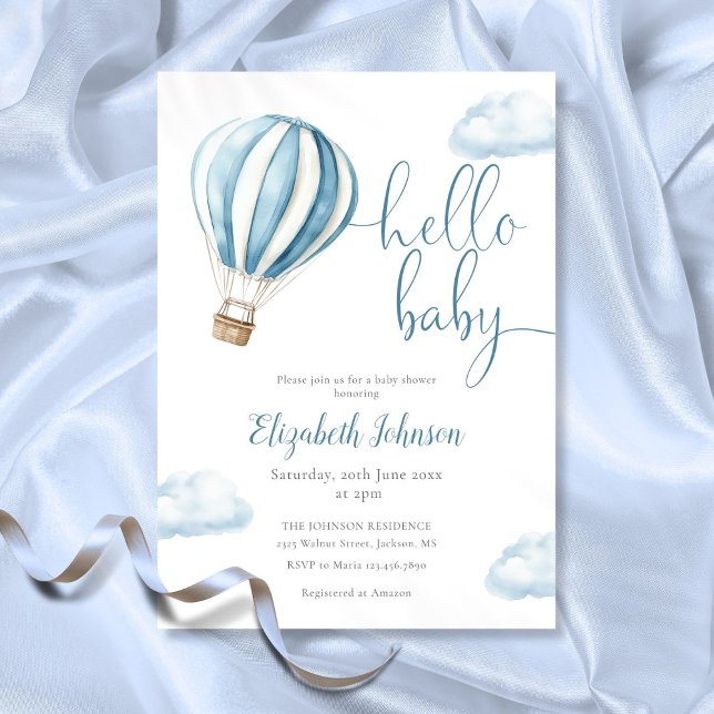 Invitation Salut Bébé Garçon Bleu Montgolfière Baby Shower (Hello Baby Boy Blue Hot Air Balloon Baby Shower Invitation)