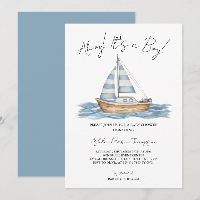 Invitation Salut C'est Un Garçon Baby Shower Marin (Devant / Derrière)