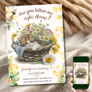 Invitation Salut ! Cute Kitten Floral Kitty Chat 1er annivers