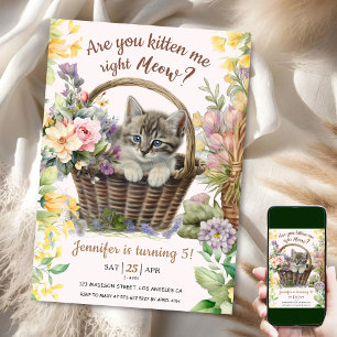 Invitation Salut ! Floral Cute Kitten Girl Cat 5e anniversair