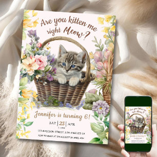 Invitation Salut ! Floral Cute Kitten Girl Chat 6e anniversai