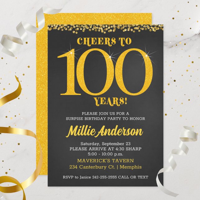 Invitation Salutations à 100 Anniversaire Or Noir Centenaire (Cheers to 100 Years Birthday Invitation)