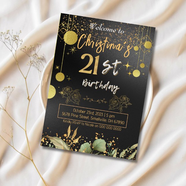 Invitation Salutations à 21 ans ! Elégant anniversaire noir & (Créateur téléchargé)