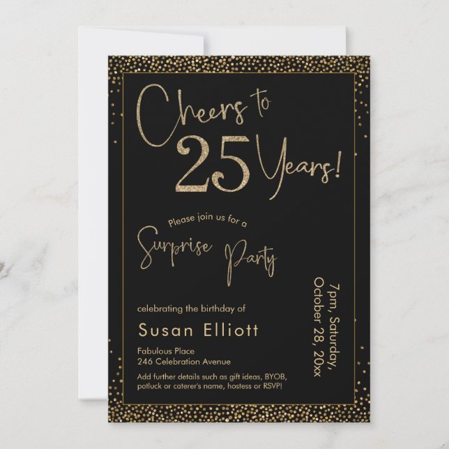 Invitation Salutations à 25 Ans Surprise Anniversaire Noir (Devant)