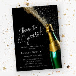 Invitation Salutations à 60 ans Bouteille de Champagne Annive<br><div class="desc">Parfait 60ème anniversaire d'invitation pour un homme ou une femme. Une bouteille de champagne ouverte avec des bulles d'évasion crée un design festif. Cheers to 60 years est écrit dans un script moderne et tendance. Les détails de l'anniversaire suivent ci-dessous. Le texte blanc apparaît contre l'arrière - plan noir. Tout...</div>