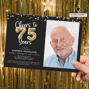 Invitation Salutations à 75 ans Photo Script Balloon Confetti