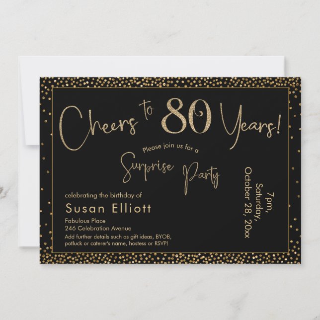 Invitation Salutations à 80 ans Surprise Anniversaire Or & No (Devant)
