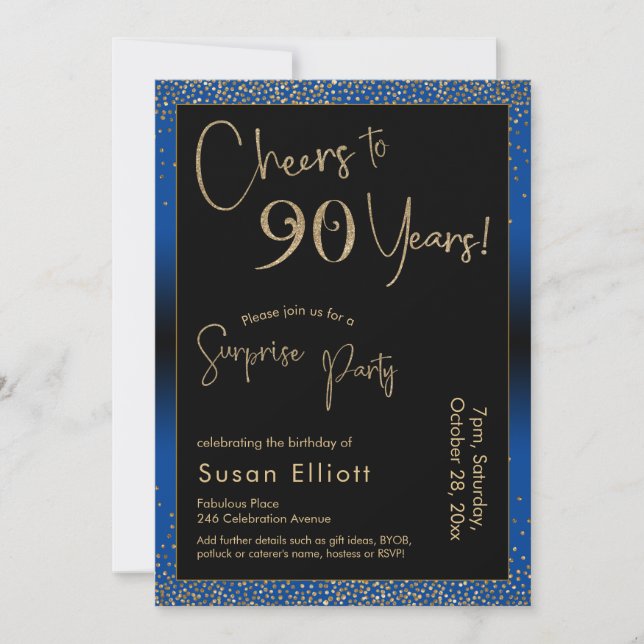 Invitation Salutations à 90 ans Surprise Anniversaire Bleu (Devant)