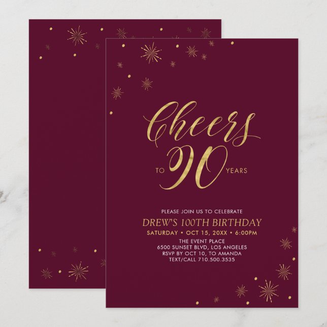 Invitation Salutations à 90 Gold & Burgundy 90th Birthday Par (Devant / Derrière)